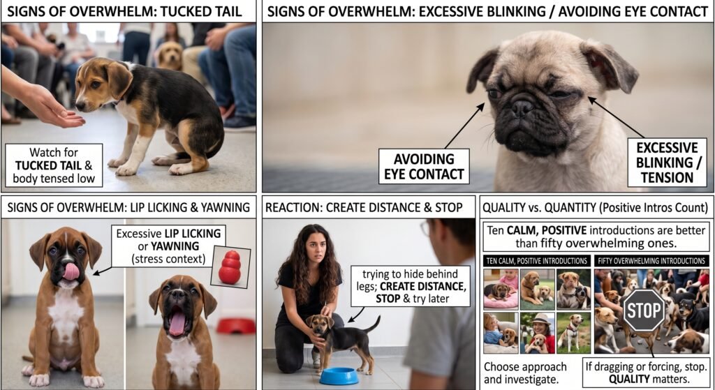 Signs a puppy is overwhelmed during socialization: tucked tail, avoiding eye contact, lip licking, and why calm quality introductions beat overwhelming quantity