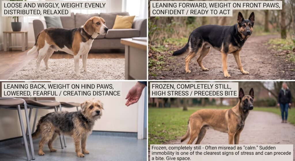 Dog body posture collage: loose and relaxed, leaning forward confident, leaning back fearful, and frozen high stress
