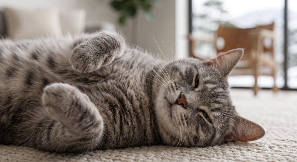 **Alt text:**
`Relaxed tabby cat lounging comfortably indoors on a rug`