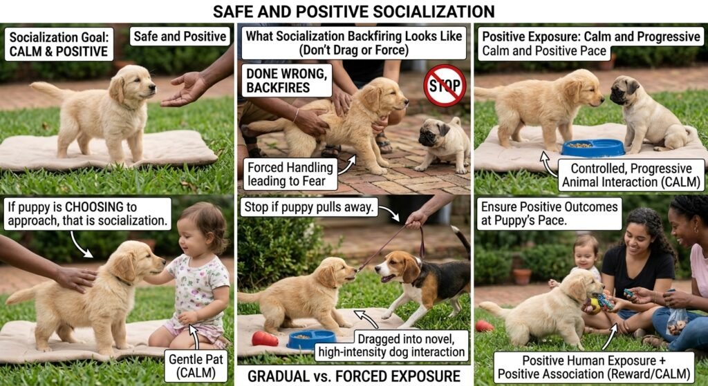 Diagram comparing calm positive puppy socialization versus forced or dragged exposure that leads to fear