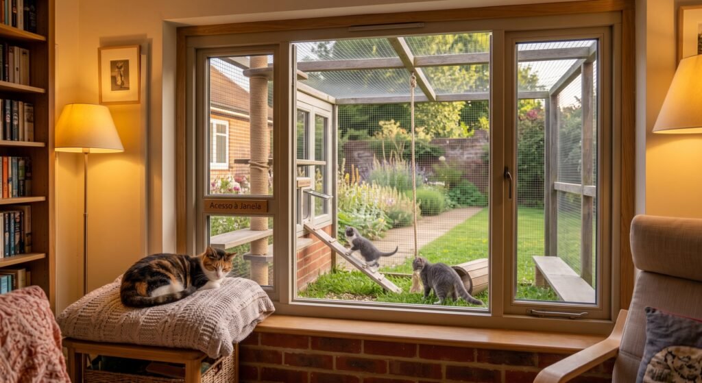 Cats safely exploring an enclosed outdoor catio accessible from a home window