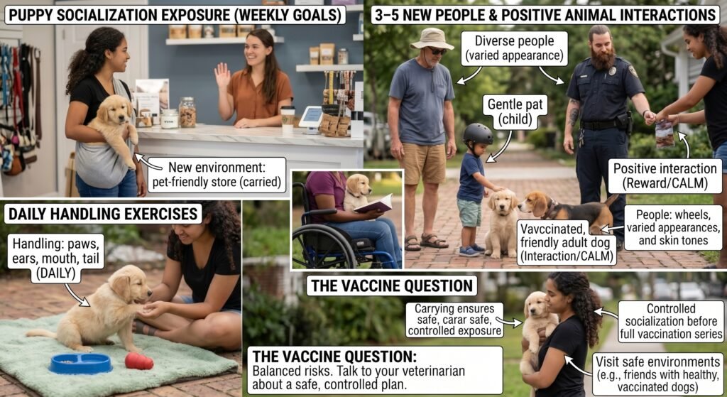 Weekly puppy socialization plan: new environments, diverse people, daily handling exercises, and safe pre-vaccine exposure guidance