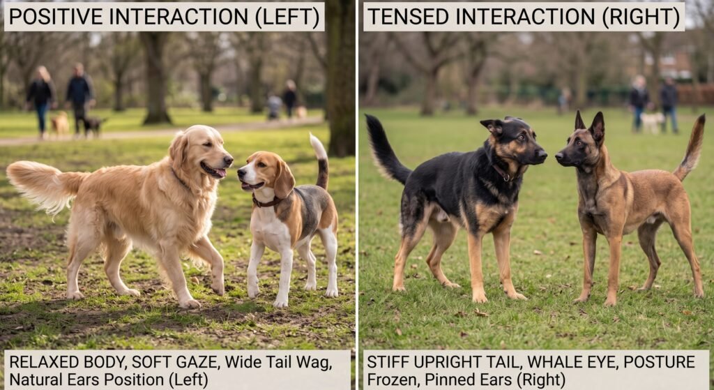 Two dogs meeting comparison: relaxed positive interaction versus stiff tense interaction with warning signs
