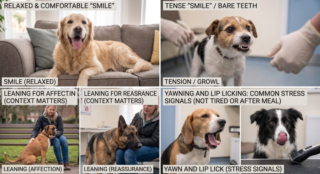 Dog signals often misread: relaxed smile, tense bared teeth, leaning for affection or reassurance, and yawning and lip licking as stress signals
