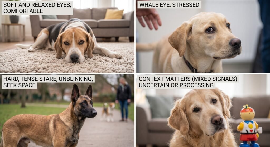 Dog eye expressions collage: soft relaxed comfortable, whale eye stressed, hard unblinking stare, and processing new situation
