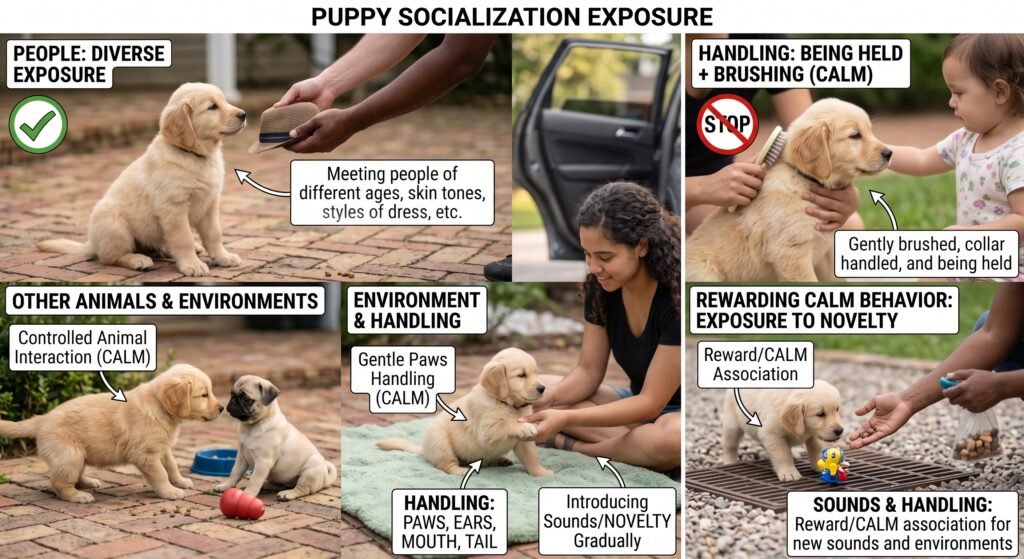 Puppy socialization exposure categories: diverse people, car rides, other animals, gentle handling of paws and ears, and rewarding calm reactions to new sounds