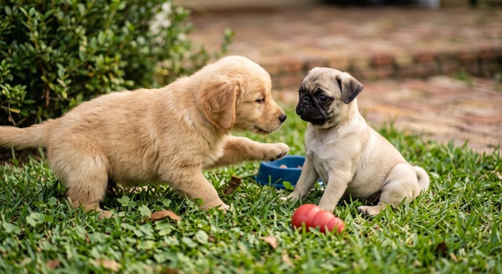 Golden retriever puppy and pug puppy greeting each other in the grass during socialization