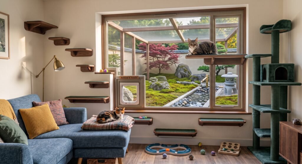 Ficou incrível! Muito melhor do que a ilustração — as prateleiras escalonadas na parede, o arranhador alto verde, a rede de brinquedos e o comedouro interativo no chão, e o gatil telado com vista pro jardim japonês. Ótima escolha de ambiente.

**Alt text:**
`Enriched indoor cat environment with wall shelves, cat tree, puzzle feeders, and a screened window catio overlooking a garden`