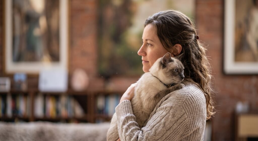 Woman holding her Siamese cat safely indoors near a window
