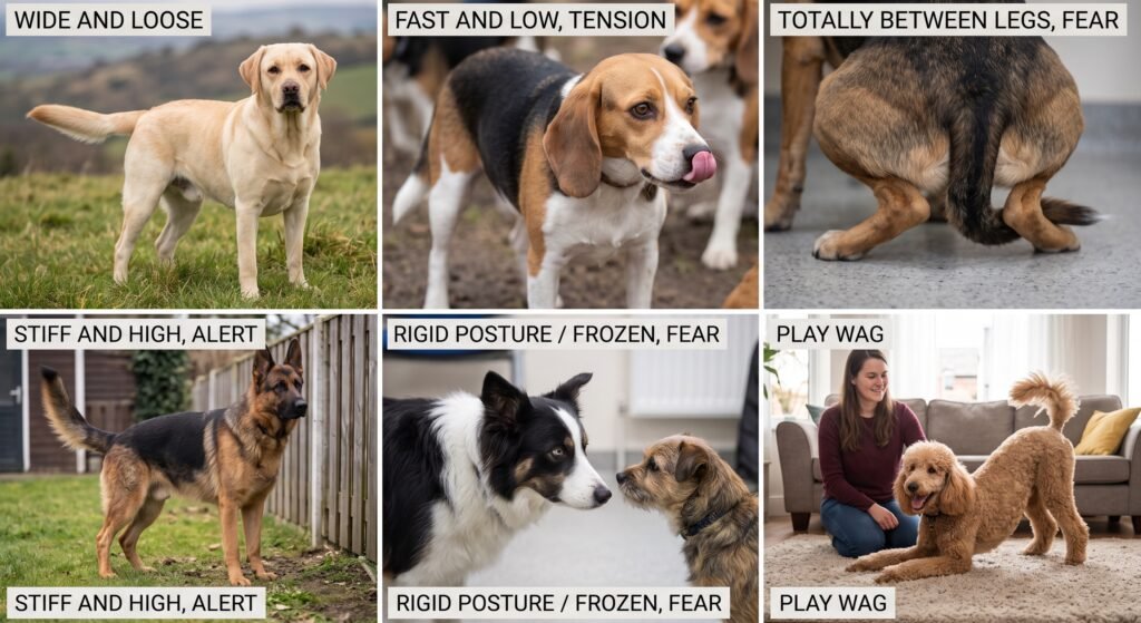 Dog tail positions collage: wide and loose, stiff and high alert, tucked between legs fear, and play wag
