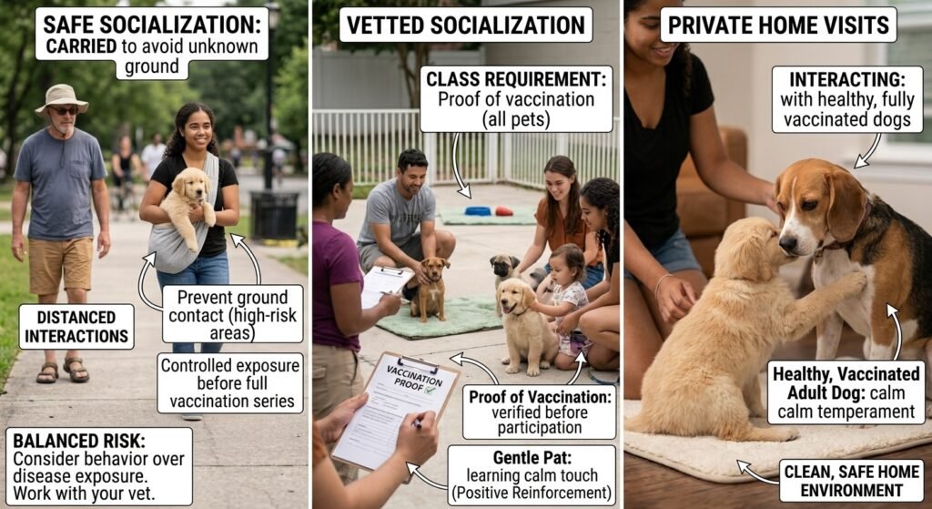 Safe pre-vaccine socialization options: carrying puppies to avoid ground contact, vaccination-verified puppy classes, and private visits with healthy vaccinated adult dogs
