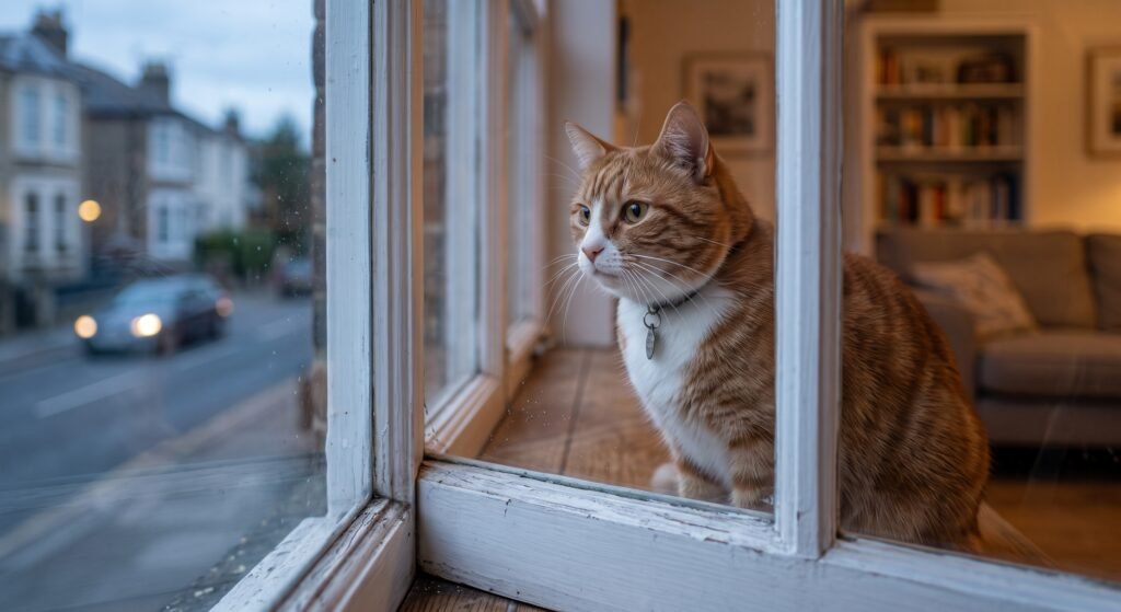 **Alt text:**
`Orange tabby cat looking outside through a window from a safe indoor environment`
