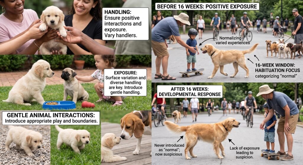 Puppy socialization checklist: handling, exposure to surfaces and children, gentle animal interactions, and comparison of a dog exposed to a skateboard before versus after the 16-week window