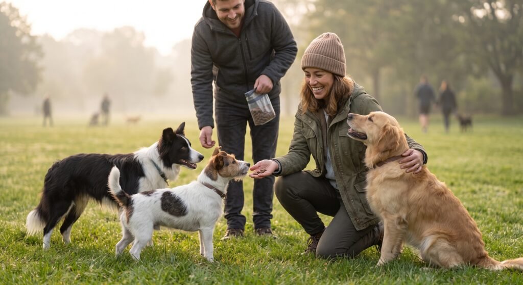 Man and woman training three dogs with treats in a park