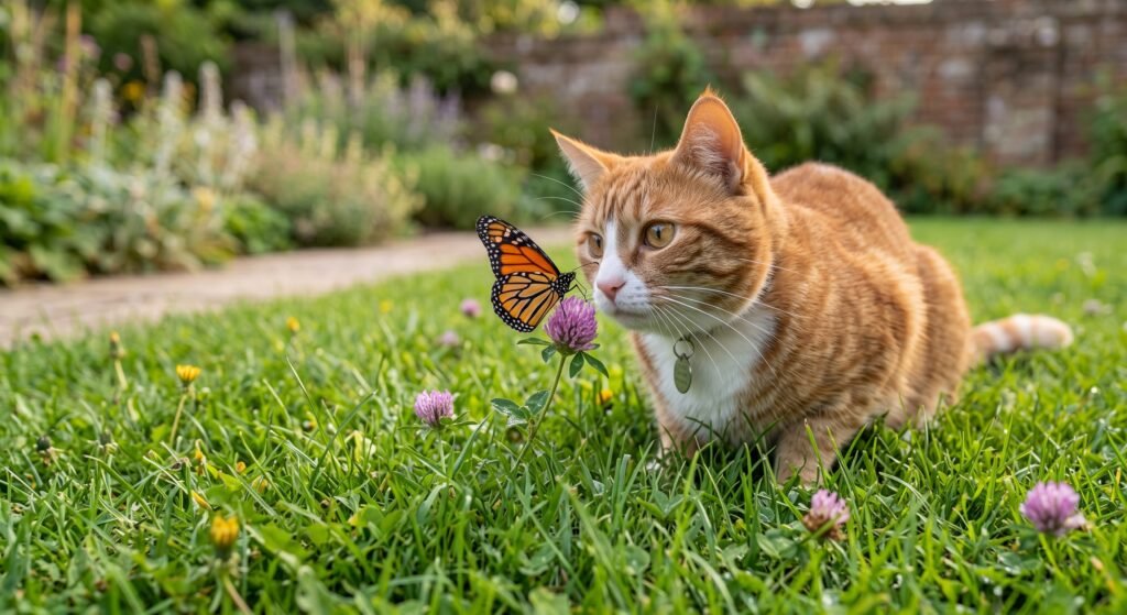 **Alt text:**
`Outdoor cat stalking a butterfly in the grass, illustrating natural hunting behavior`