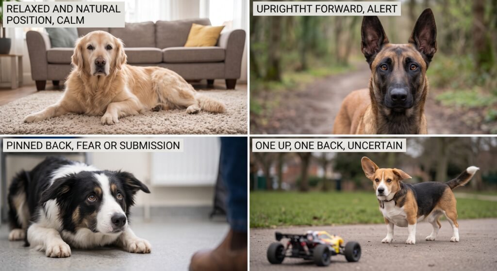 Dog ear positions collage: relaxed calm, upright forward alert, pinned back fear, and one ear up one back uncertain

